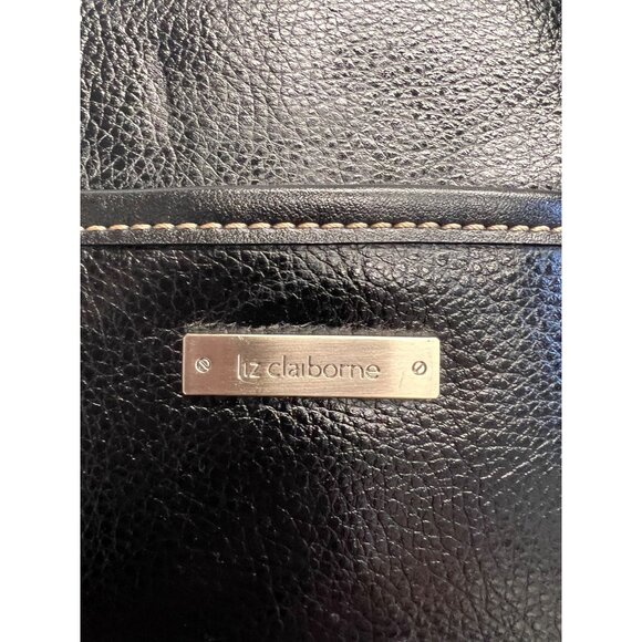 Liz Claiborne Black Leather Shoulder Bag Red Interior Pockets Shoulder Strap 28” - Picture 3 of 9